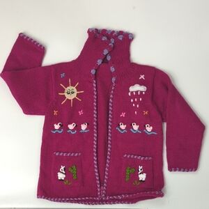 Peruvian Wool Knitted Pink Sweater with Embroidered Designs